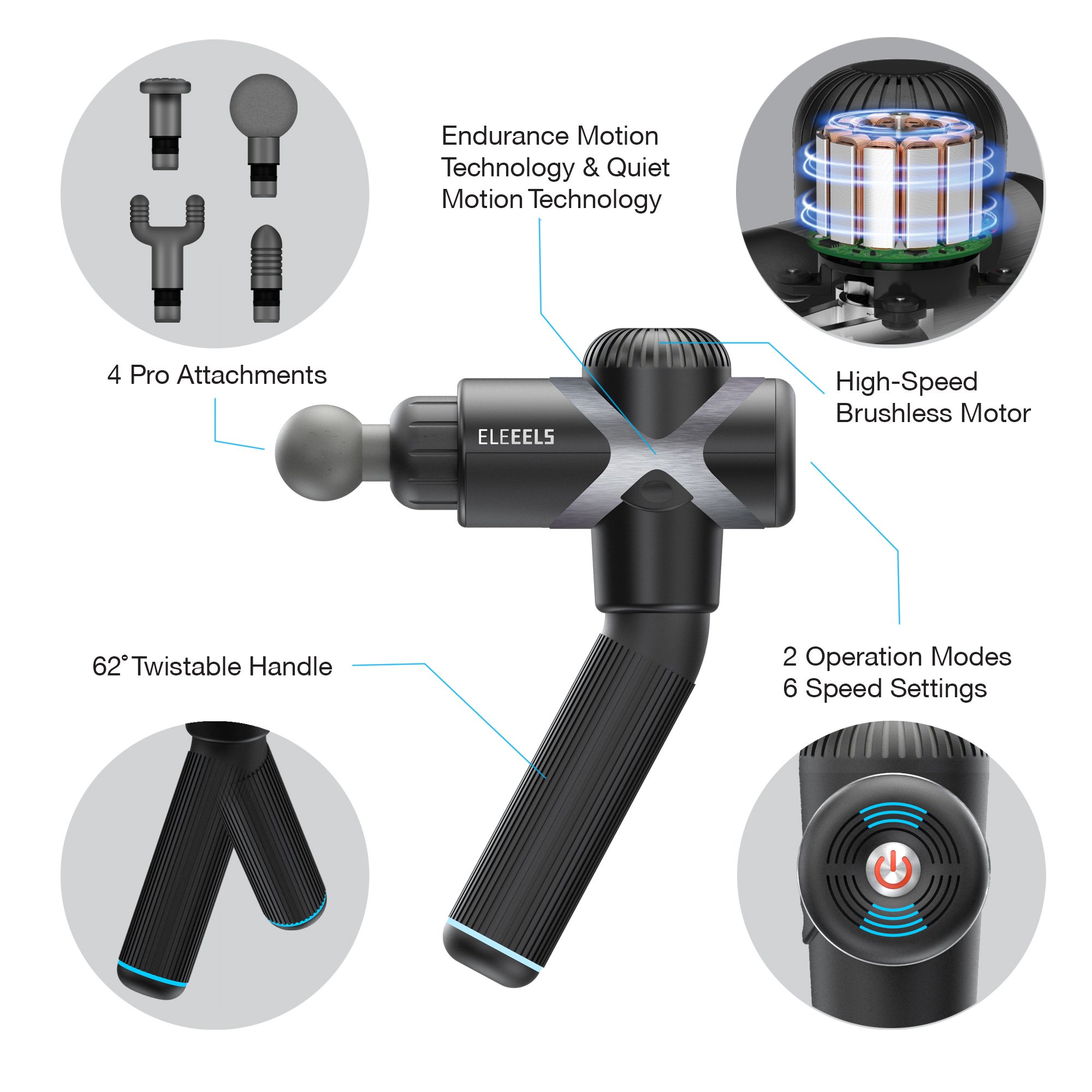 ELEEELS X1-T BLACK THERAPY GUN MASSAGE, 4 APPLICATORS, 6 SPEED
